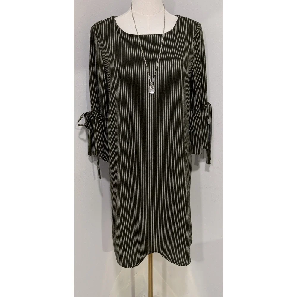 Anthropologie Everly Womens Striped A Line Dress Olive Green Sleeve Tie Size S